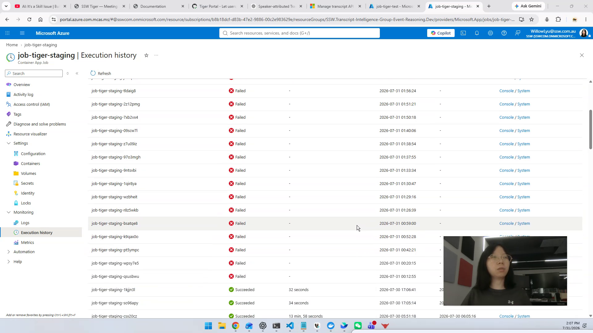 Azure portal Container App Job execution history showing multiple failed runs
